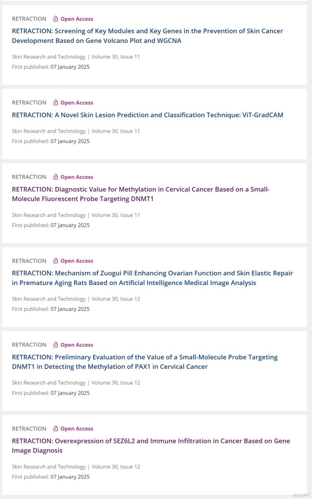 客座编辑操纵评审，Skin Research and Technology接连撤稿多篇论文